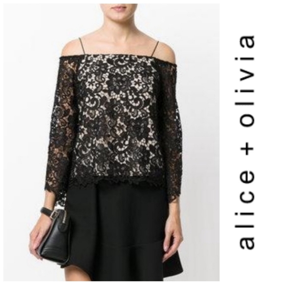 Alice + Olivia Tops - Alice+Olivia Prena Silk Blend Lace Trumpet Sleeve Top Black Size Small NWOT